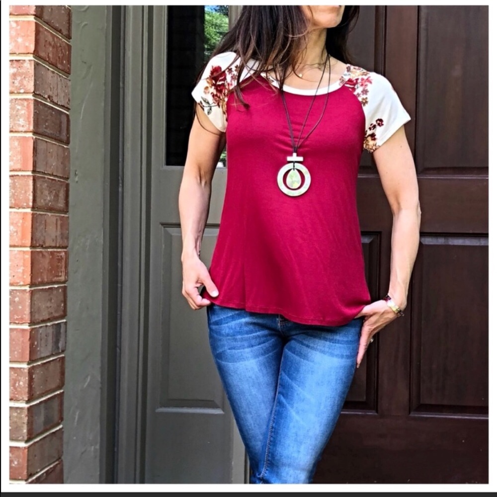 Burgundy Floral Raglan short sleeve top